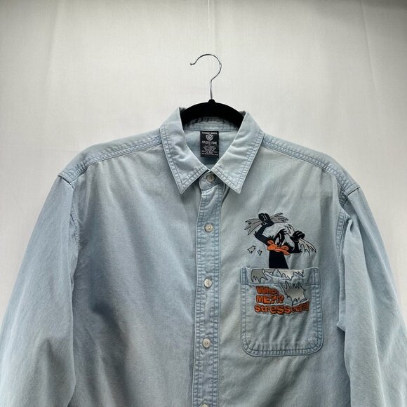 Warner Bros Studio Store Shirt Mens M Button Up Duffy Duck Denim Vtg Light Blue - Picture 3 of 14